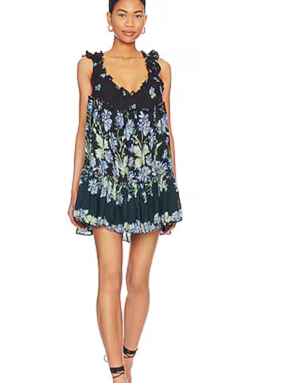 Anthropologie Black Floral Ruffled-Strap mini dress